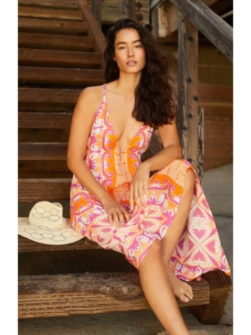 Anthropologie Orange Print Cover-Up Midi Dress Lightweight
